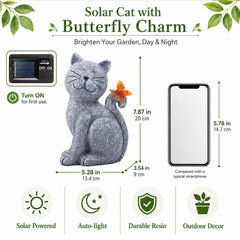 Nacome Cat Statue with solar butterfly in garden setting