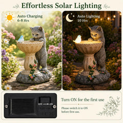 Nacome Solar Cat Statue in garden setting, illuminated at night