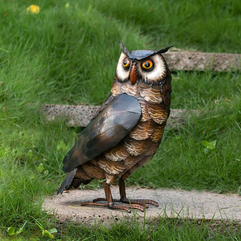 Natelf Outdoor Metal Brown Owl Garden Statue front view