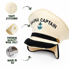 Natural Textile Sauna Captain Trapper Hat displayed with maintenance flyer