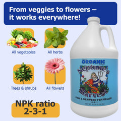 Neptune's Harvest Fish & Seaweed Liquid Fertilizer pouring into a measuring cup