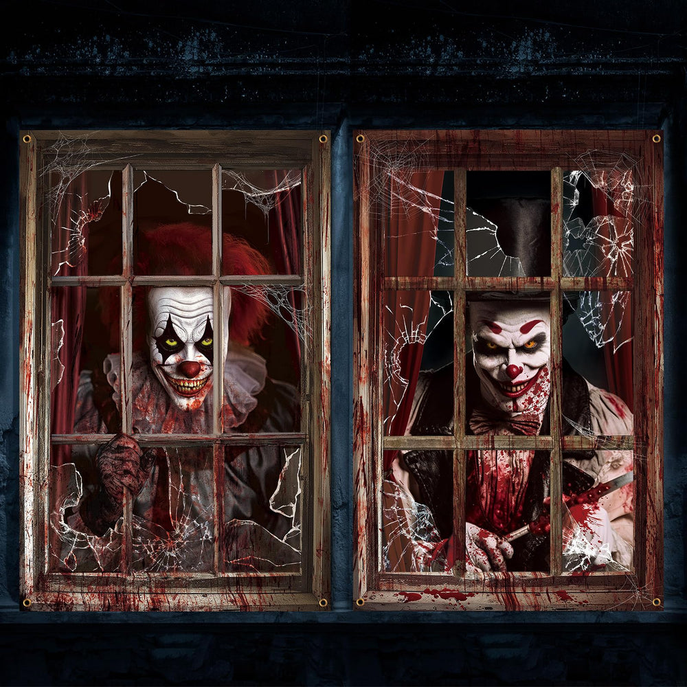 Newwiee Halloween Curtain Window Silhouette Cover front view with scary clown design