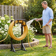 niffgaff Garden Hose Holder Stand side view showing hooks and basket