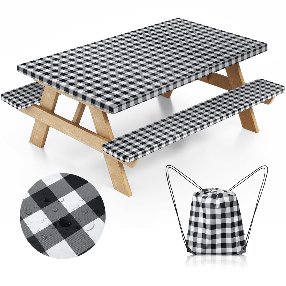 Nimalpal Picnic Table Cover Set with bench covers in black-white plaid