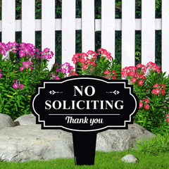 No Soliciting Yard Sign 11x11 inches displayed in garden