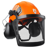 NoCry Arborist Helmet front view with face shield