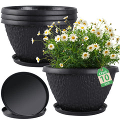 Nooulap 10 inch black plant pot front view with saucer
