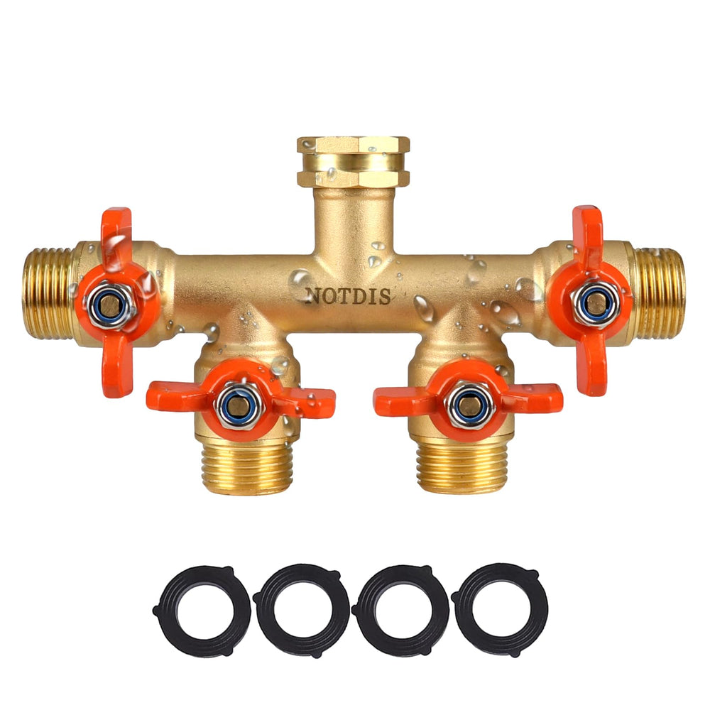 NOTDIS 4 Way Brass Hose Splitter front view with metal handle