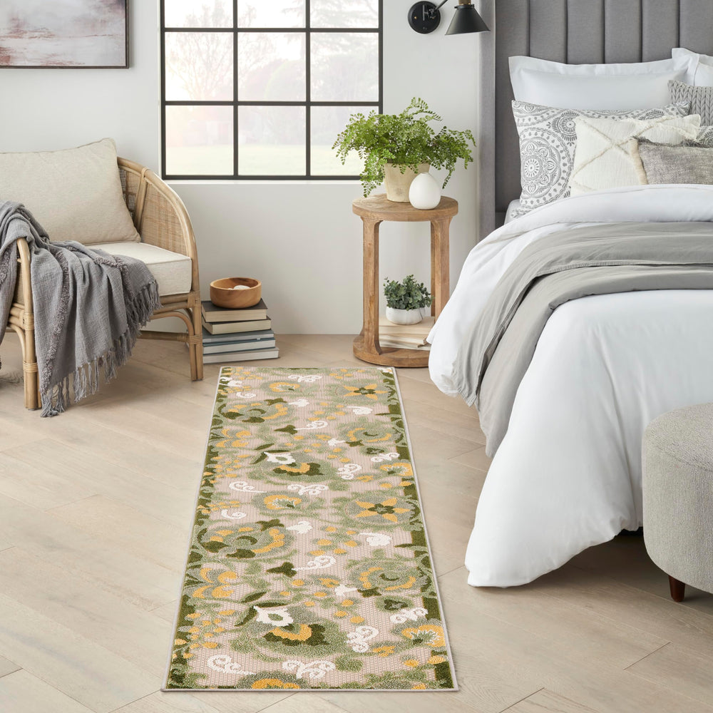 Nourison Aloha Outdoor Runner Rug in ivory green floral design