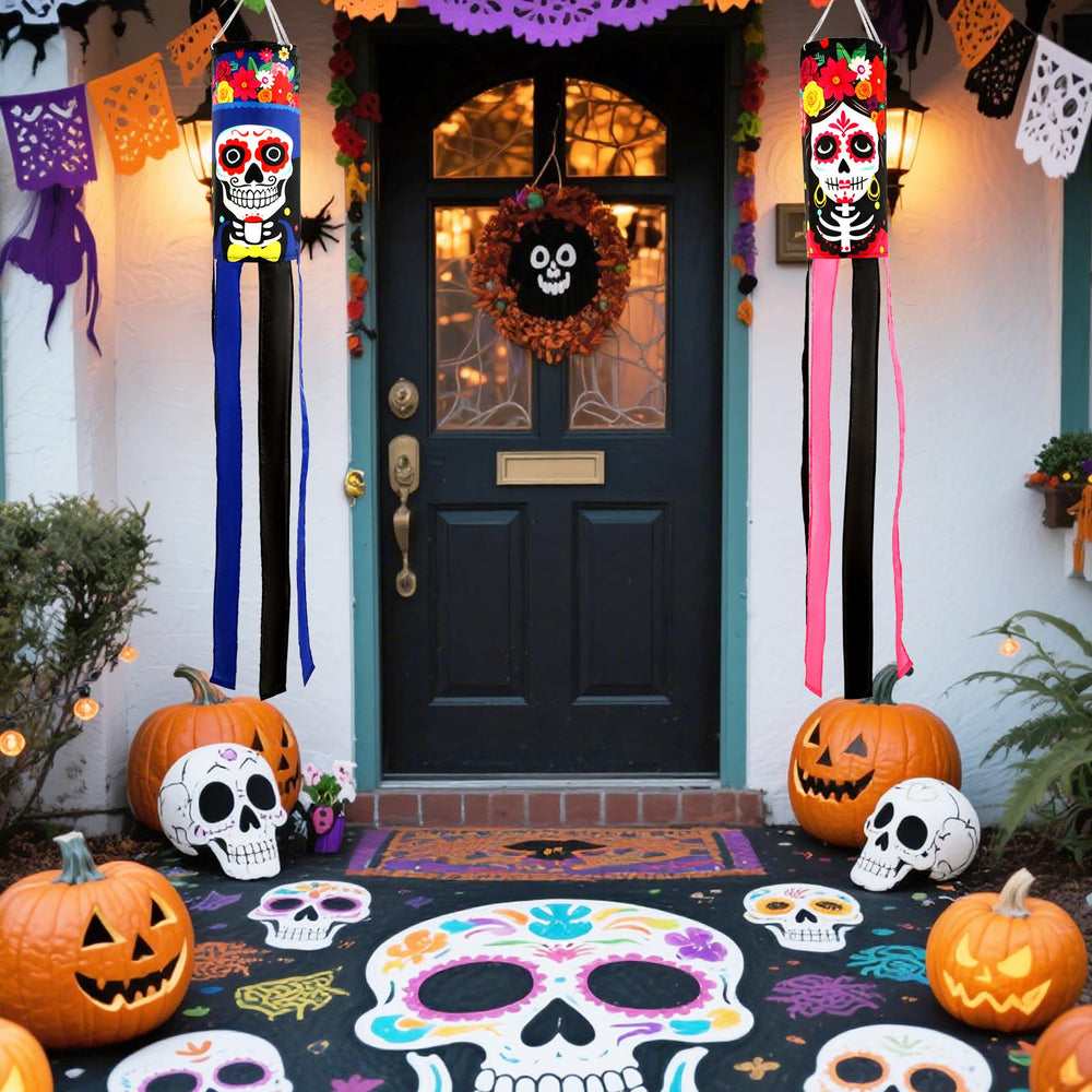 NOVWANG Day of The Dead windsock featuring sugar skull design, front view