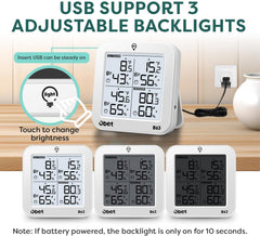OBET thermometer showing temperature and humidity readings on screen