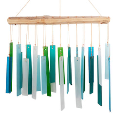 Ocean Blue Sea Glass Driftwood Wind Chime front view with gentle hues
