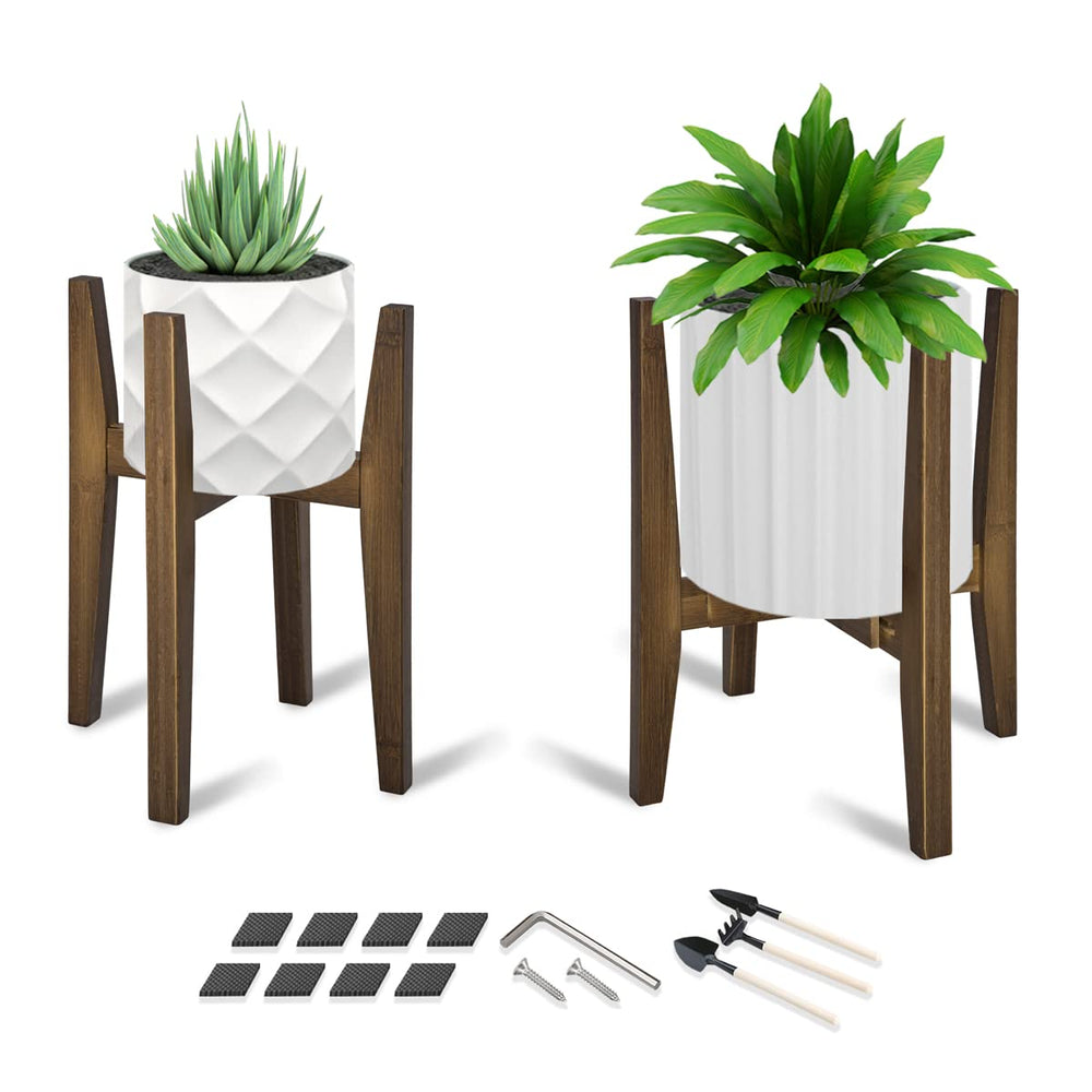 OERGKE adjustable bamboo plant stand front view, walnut finish