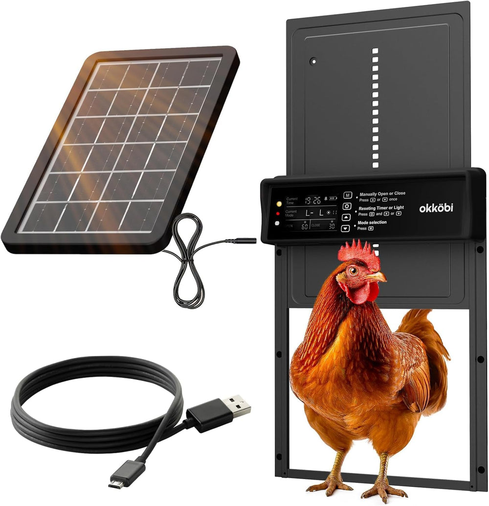 OKKÖBI Chicken Coop Door solar panel front view with LCD display