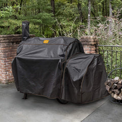 Oklahoma Joe's Highland Offset Smoker Cover, showing weather-resistant material