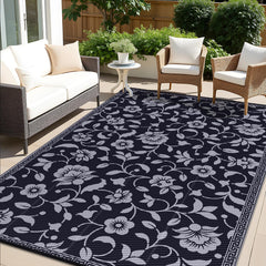 OLANLY 9x12 ft outdoor rug with floral pattern, black and grey