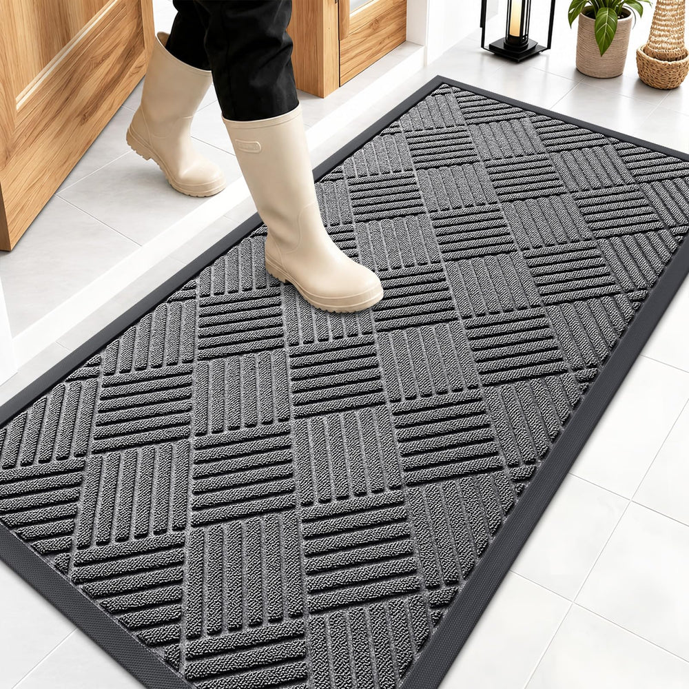 OLANLY Front Door Mat 47x23 inch grey diamond pattern front view