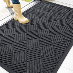 OLANLY Front Door Mat 47x32 black gray diamond pattern front view