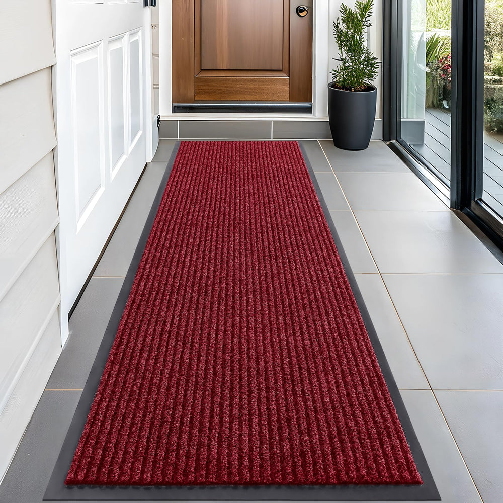 OLANLY Front Door Mat 59x20 in Wine Red, modern stripe pattern
