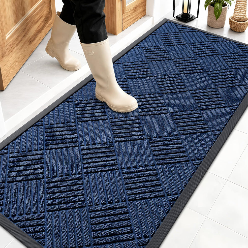 OLANLY Front Door Mat 59x23 navy blue diamond pattern front view