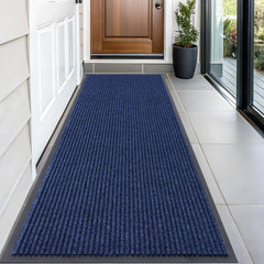 OLANLY Front Door Mat blue model front view with modern stripe pattern