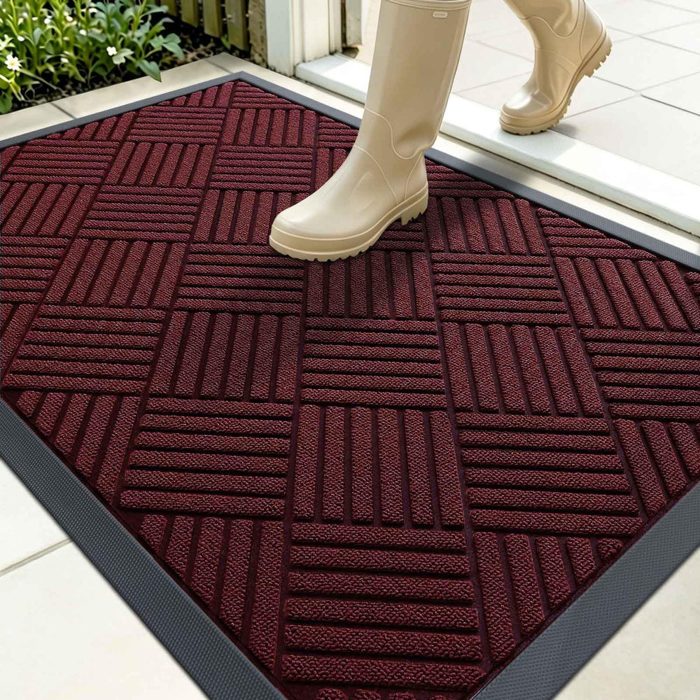 OLANLY Heavy-Duty Doormat front view, Burgundy Diamond design