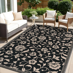 OLANLY Outdoor Rug 5x8 ft black and beige floral pattern front view
