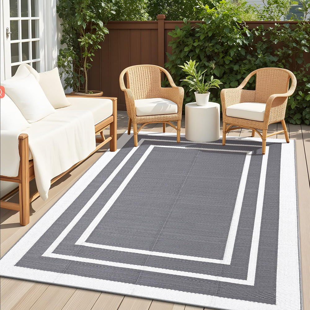 OLANLY Outdoor Rug 5x8 ft grey and white front view