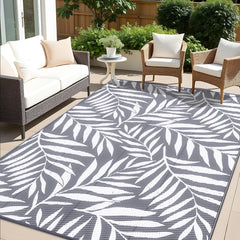 OLANLY Outdoor Rug 6x9 ft grey and white leaf design front view