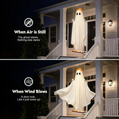 OOBILA ghost hanging in a garden during Halloween