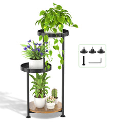 Oppro 3 Tier Plant Stand front view with wooden and metal design