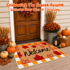 Orange and white plaid design on the Fall doormat