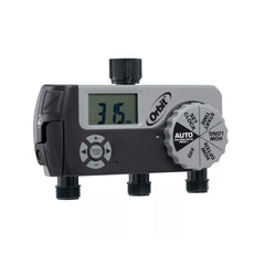 Orbit 2-Station Hose Watering Timer side view showing manual bypass outlet