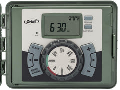 Orbit 4-Station Sprinkler Timer showing swing panel operation