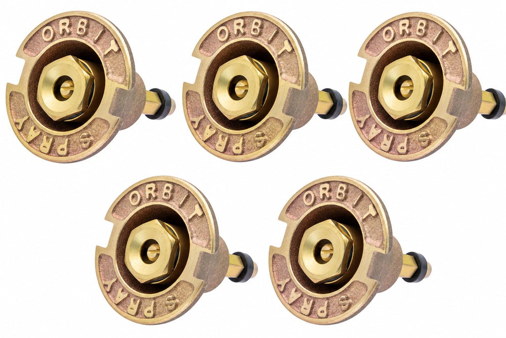 Orbit Brass Pop-Up Sprinkler front view with adjustable nozzle