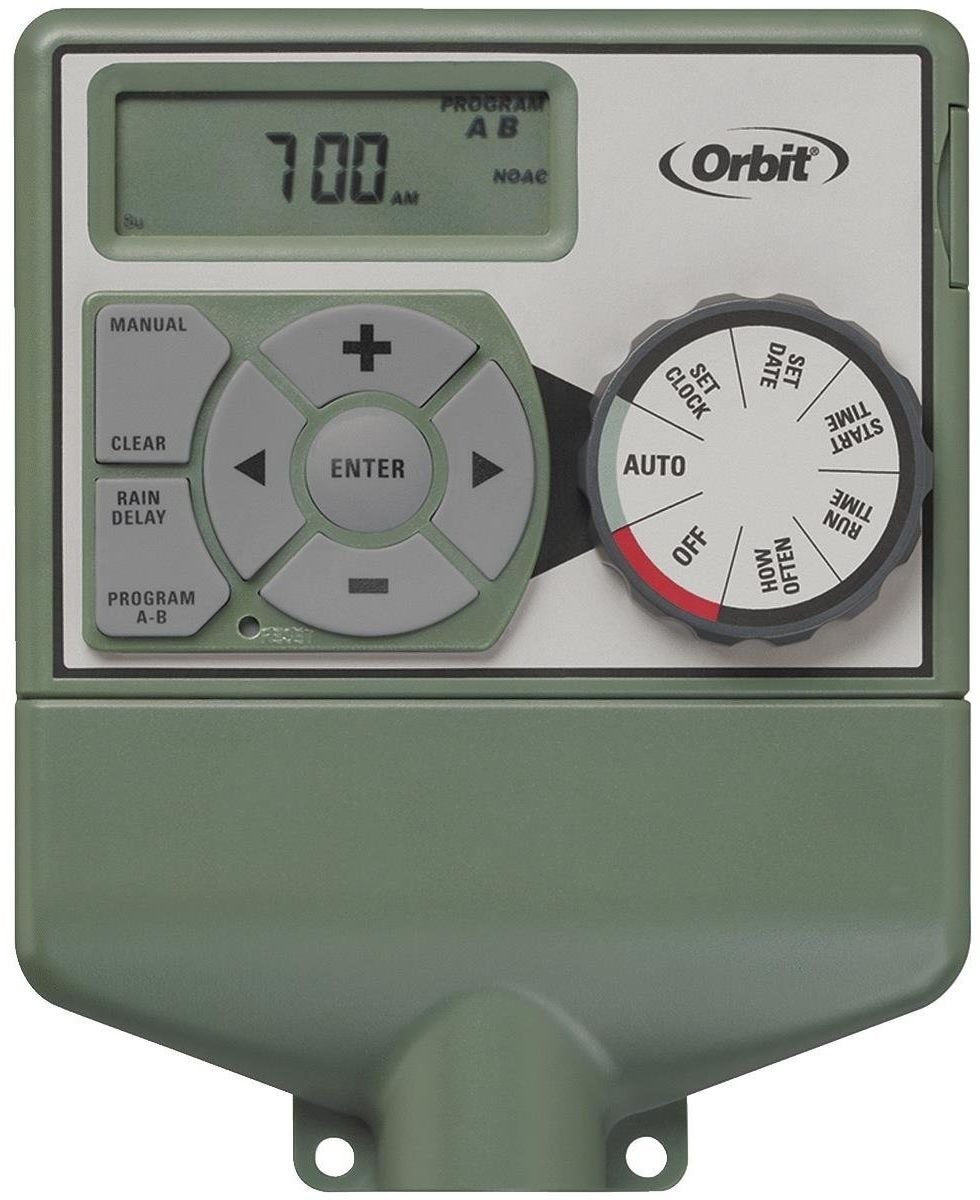 Orbit Easy Dial 6-Station Indoor Sprinkler Controller front view, Green