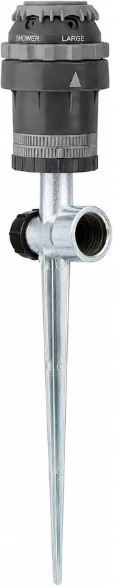 Orbit H2O-Six Gear-Drive Sprinkler front view on metal T-spike