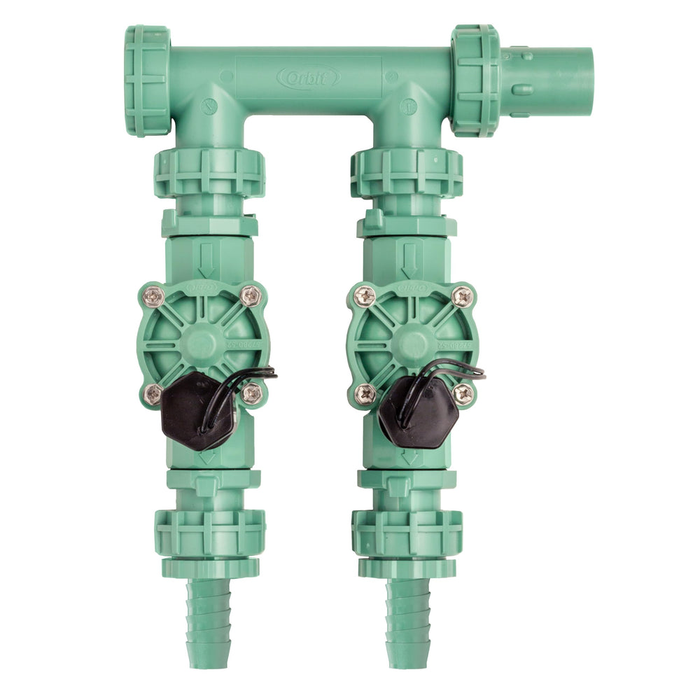 Orbit Sprinkler Valve Manifold System with two valves and green finish