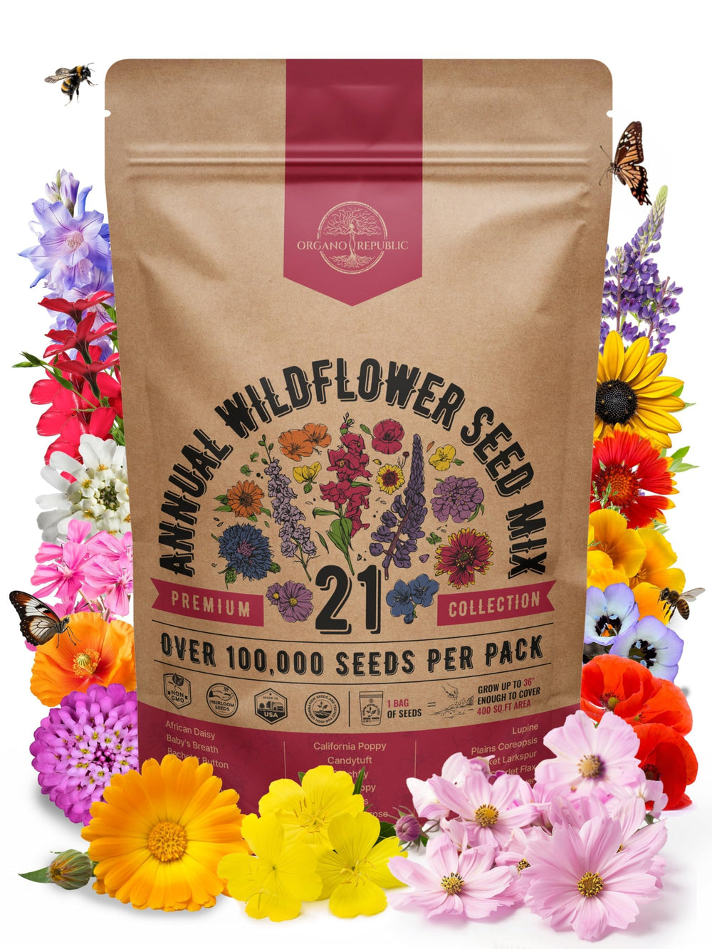 Organo Republic 21 Annual Wildflower Seeds Mix 4oz packet front view