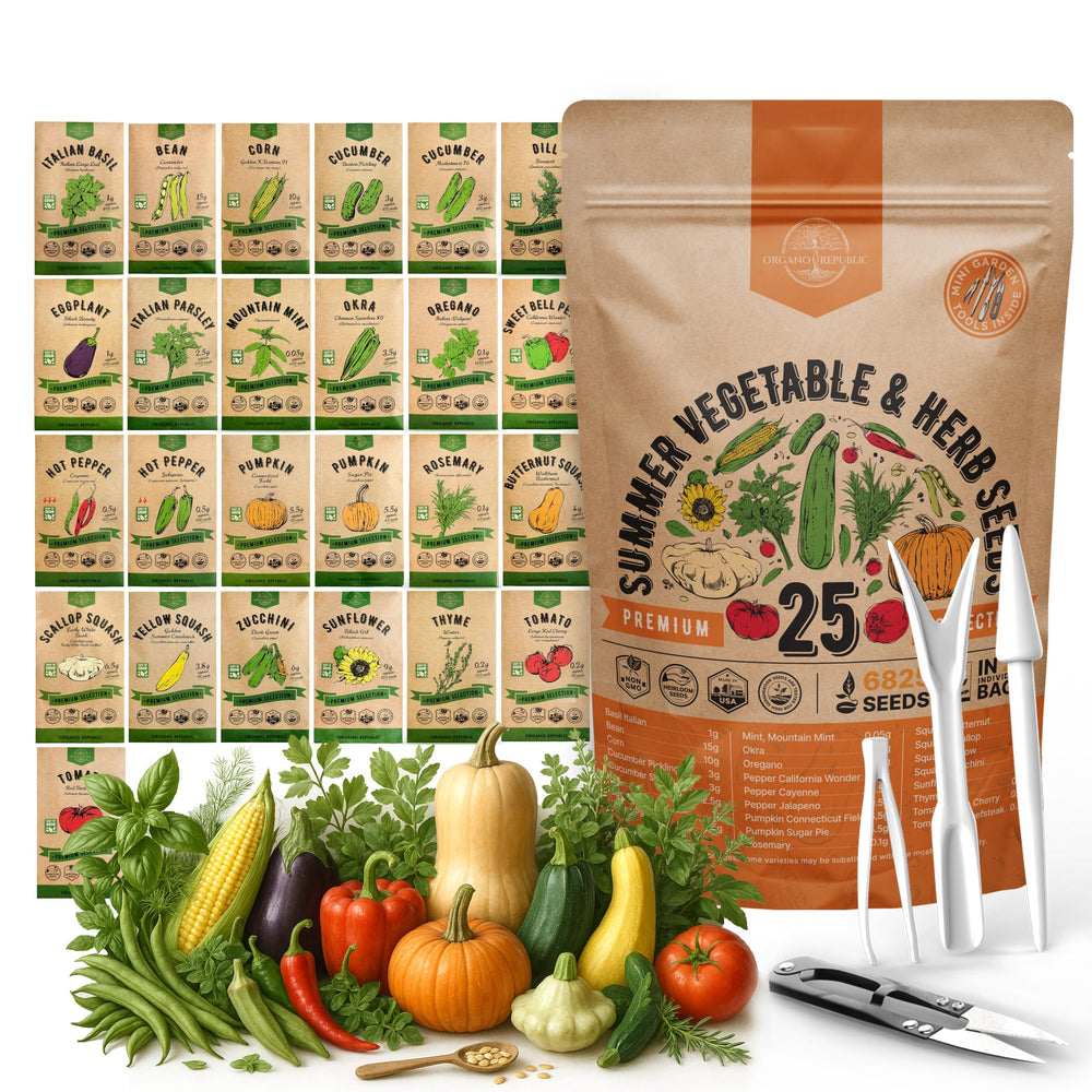 Organo Republic 25 Summer Vegetable & Herb Seeds Variety Pack front view