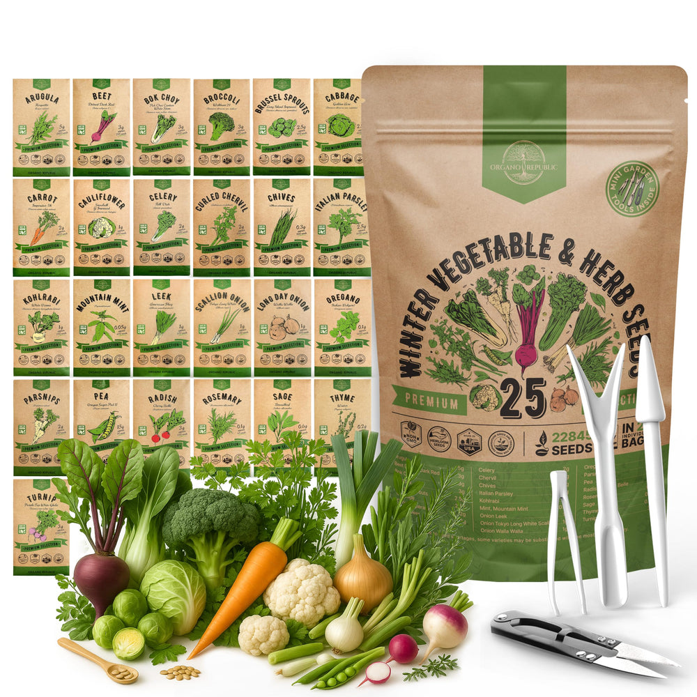 Organo Republic 25 Winter Vegetable & Herb Garden Seeds Variety Pack front view