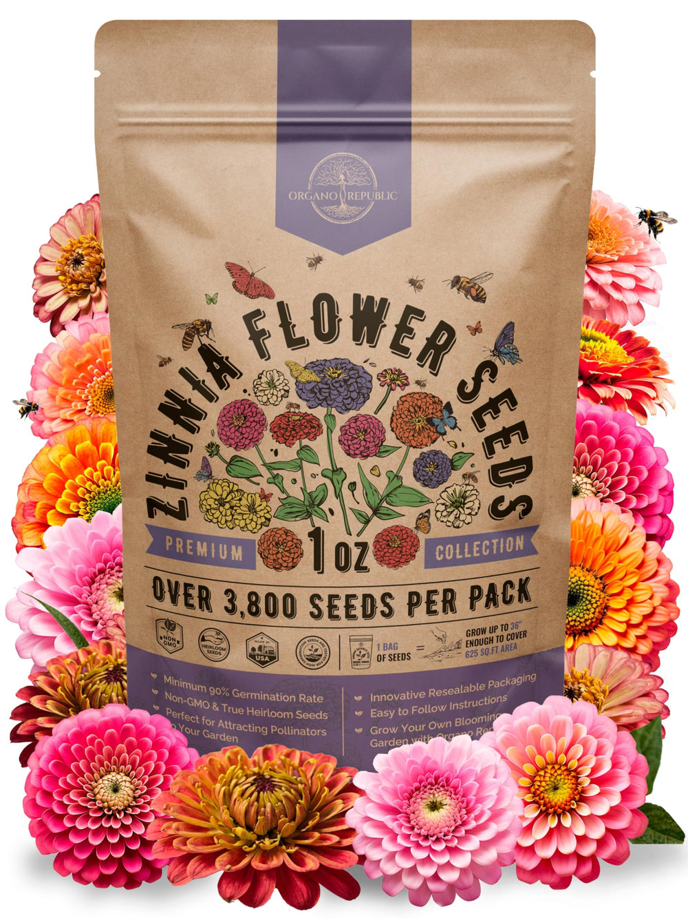 Organo Republic Zinnia Seeds Pack front view with resealable bag