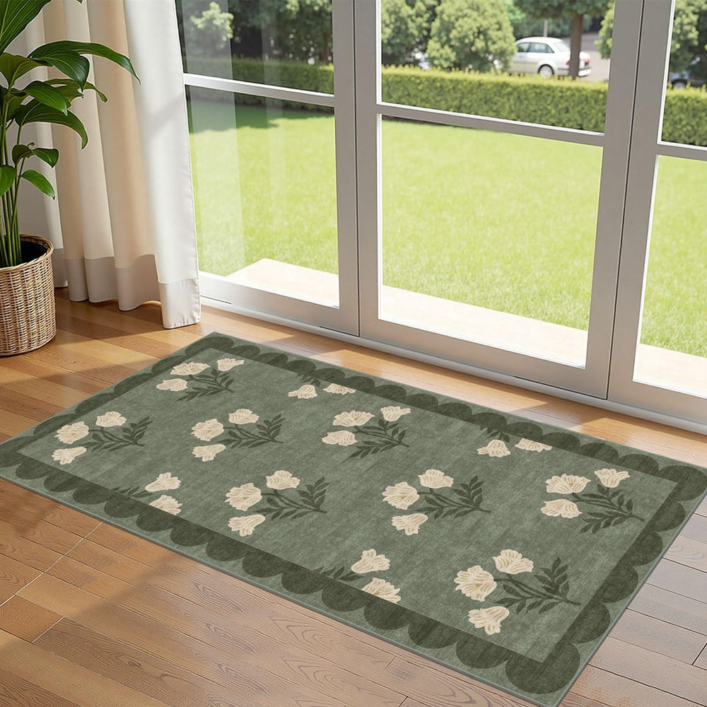 Othilic 2' x 4'3" sage green floral rug front view