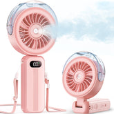 Otlonpe Handheld Misting Fan pink front view with water mist feature