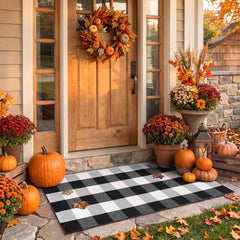 Ouddy Mode Buffalo Plaid Fall Door Mat front view, black and white