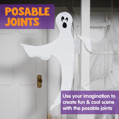 Outdoor Halloween decoration featuring a smiling ghost on a porch