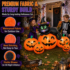 Outdoor setup of JoyParcel inflatable pumpkins and black cat decoration