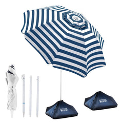 OutdoorMaster 7.2ft Foldable Beach Umbrella front view with navy striped canopy