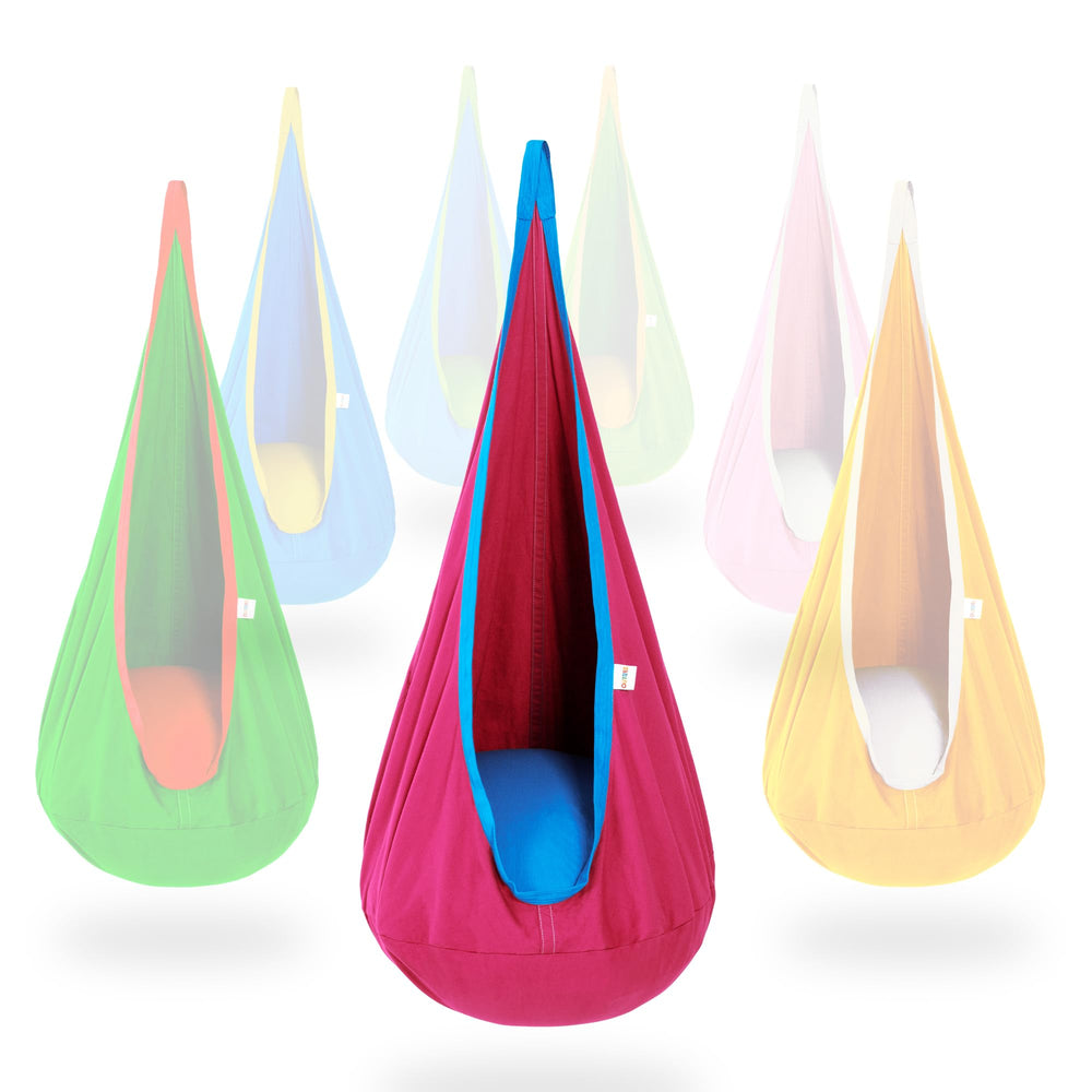 OUTREE Kids Pod Swing Seat front view in pink and blue