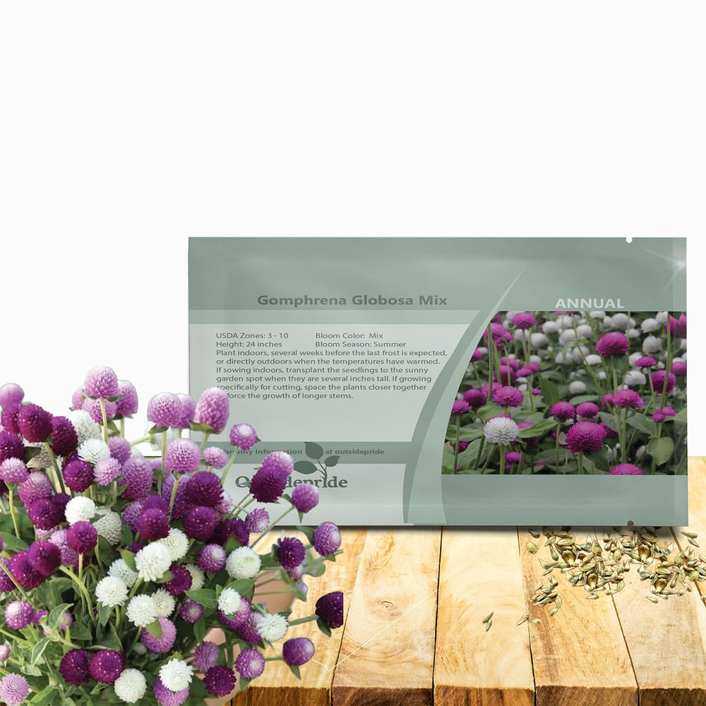 Outsidepride Mixed Gomphrena Seeds packet front view with vibrant flower images